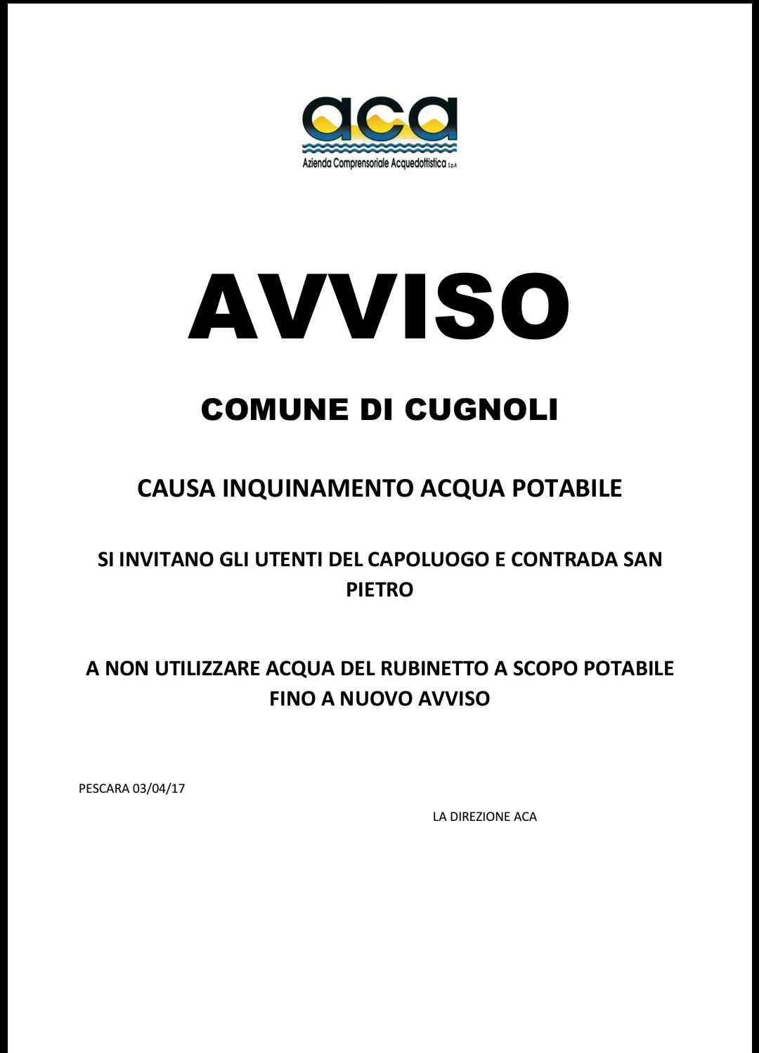 AVVISO ACA - acqua non potabile